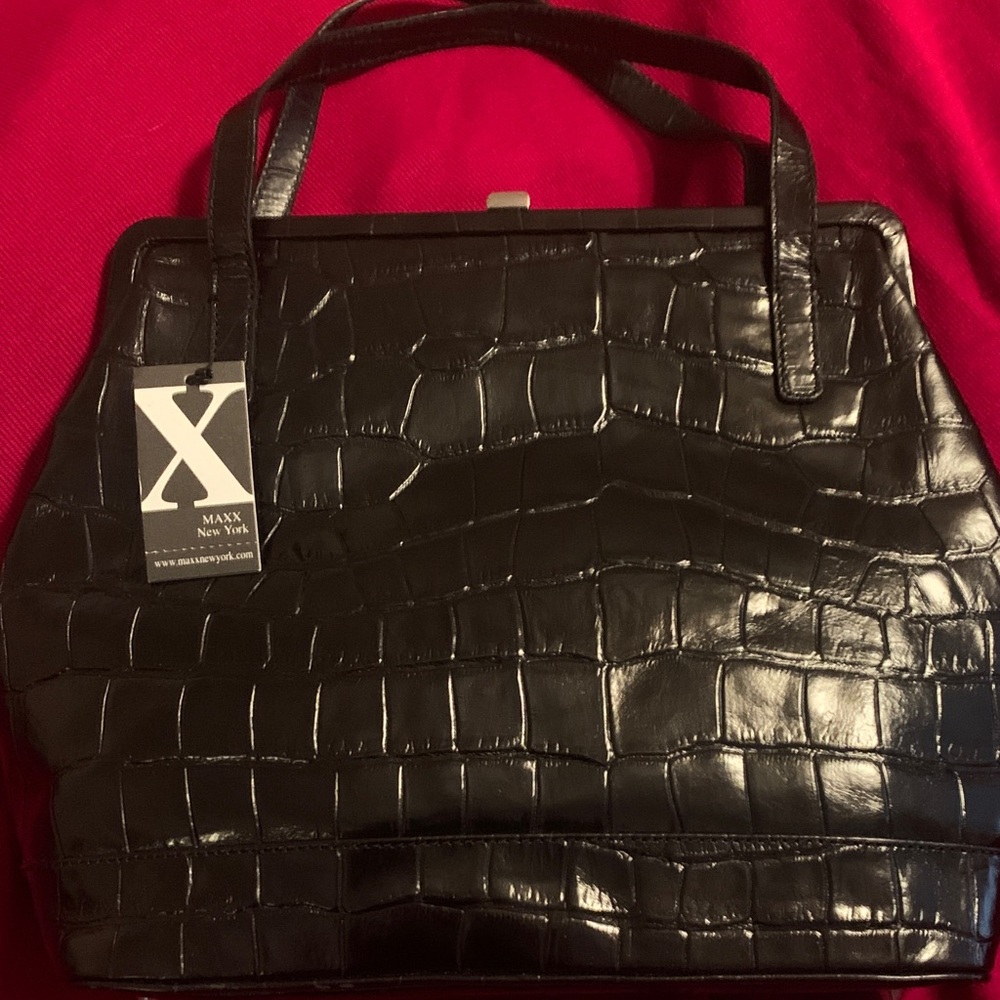 Maxx New York Black Crocodile-Patterned Satchel
